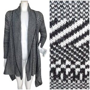 BEBE Cardigan Sweater, S, Geometric/Stripe, Open front, Asymmetric, Shawl collar